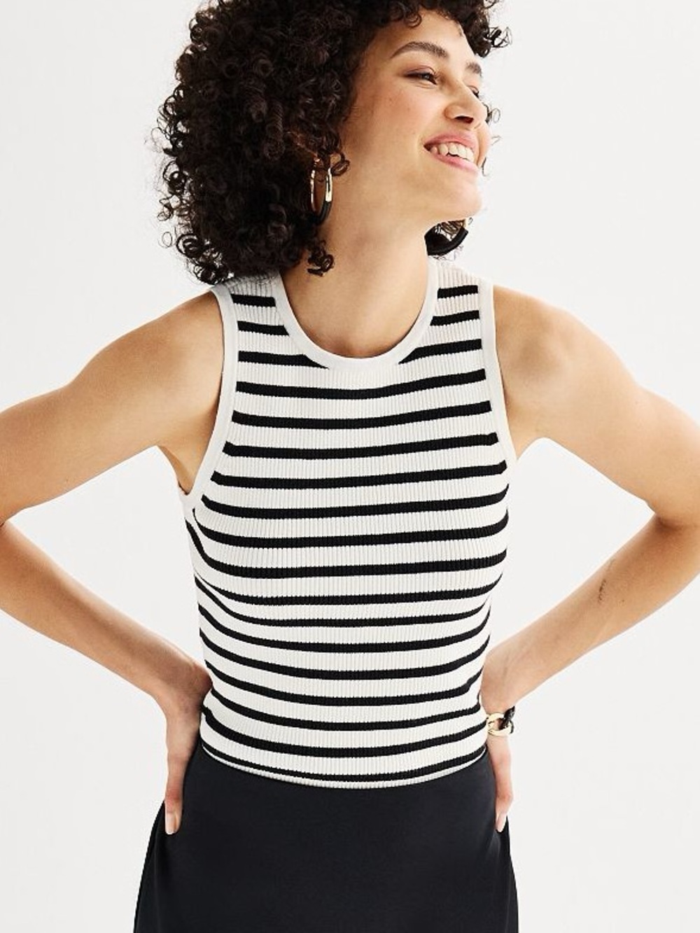 Nine West Essential Black White Striped High Neck Tank Top XS Casual Basic NWT
